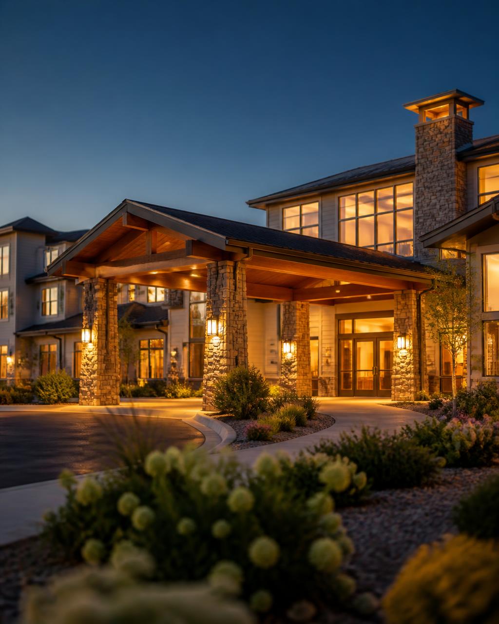 Modern senior living residence at golden hour